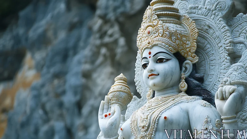 Ornate white stone deity sculpture with gold filigree crown.