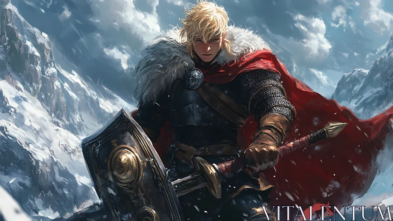 Armored warrior with sword and shield in snowy mountains.