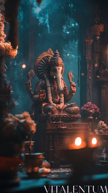 Cinematic Ganesha shrine rendered in moody digital chiaroscuro