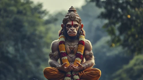 Monkey-headed figure sits cross-legged in ornate attire