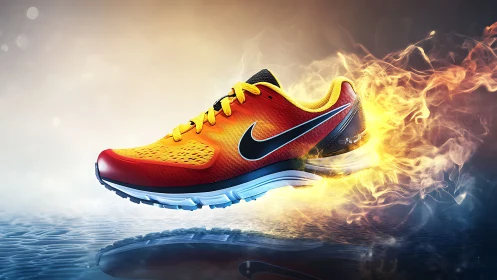 Dynamic running shoe rendered with fiery motion blur and rim lighting