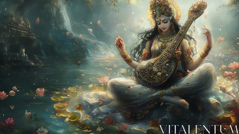 Divine musician on lotus pond with jeweled veena in misted light