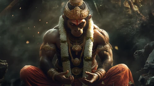 Muscular monkey warrior deity sits in ornate golden armor