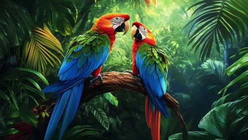 Vibrant macaws on jungle branch in vivid digital art style.