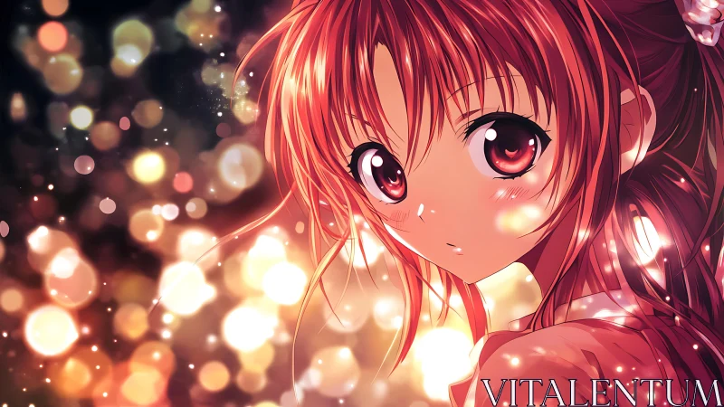 Softly glowing anime girl in a night of golden lights.