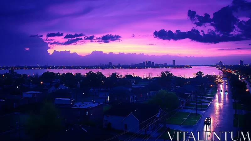 Neon violet riverfront skyline glows against storm-laden dusk