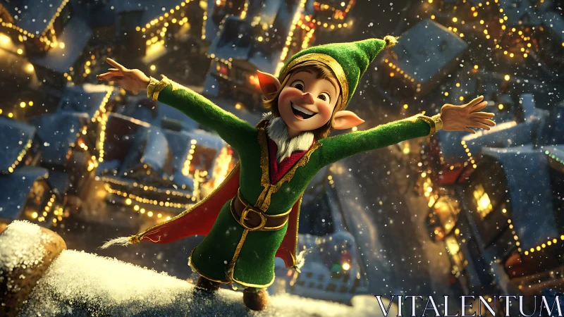 Joyful Christmas elf celebrates above glowing snowy town
