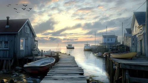 Wooden harbor pier with fishing boats at calm coastal sunrise