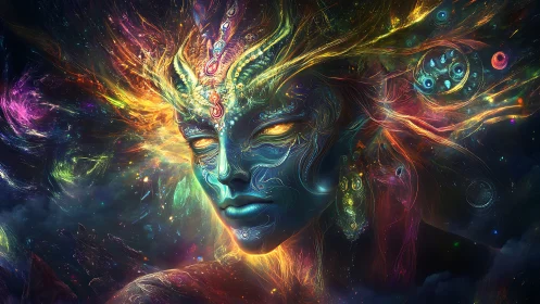 Cosmic mind weaver crowned with swirling nebula dreams.