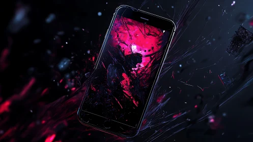 Smartphone vortex with neon magenta data rupture field.