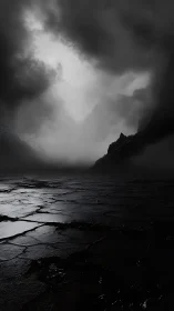 Monochrome volcanic plain under storm-laden fractured sky.