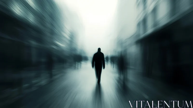 Silhouette of person walking on blurred urban street scene.