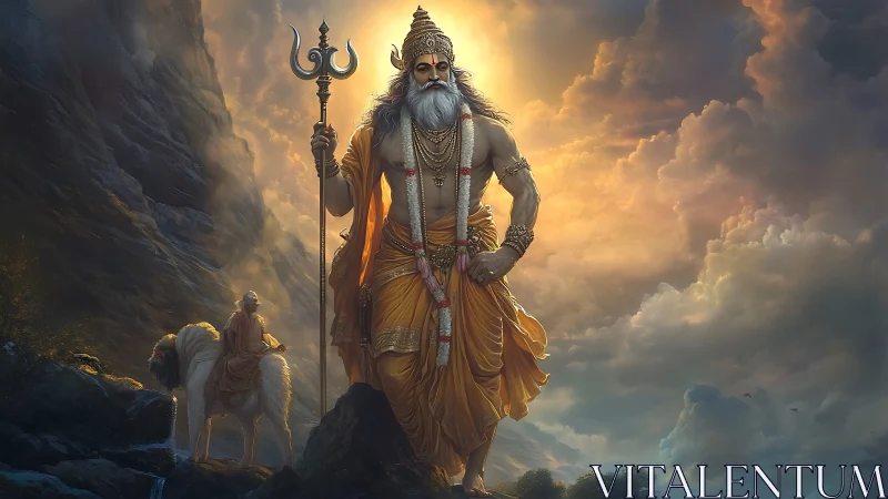 Digital depiction shows robed figure with trident in clouded pass