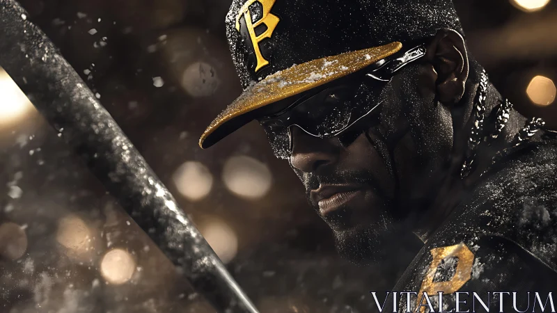 Low-key portrait of baseball player with snow and motion blur