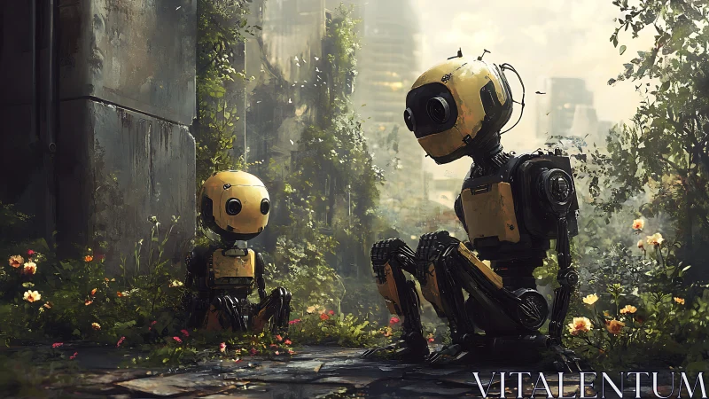 Small robots share a quiet moment in a lush post‑urban garden