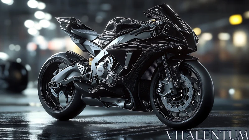 Photorealistic superbike profile with reflective urban night lighting.