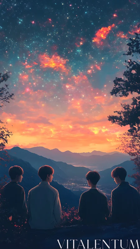 Friends watch a glowing cosmic sunset over distant valleys.