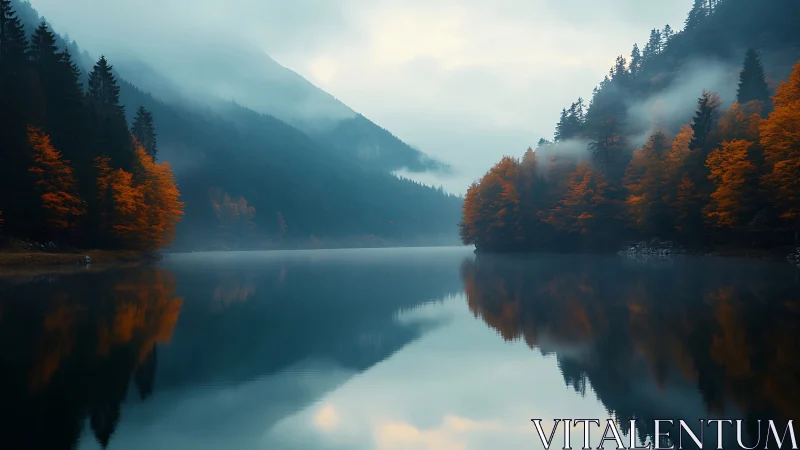 Mist-draped autumn lake cradled by twin shadowed forests.