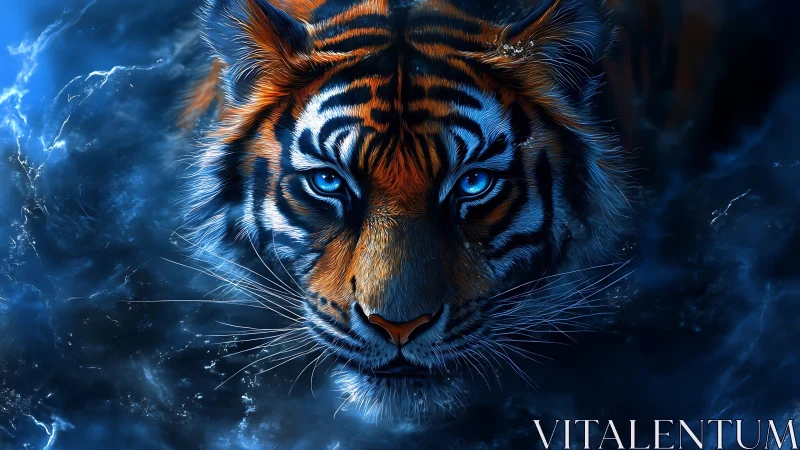 Icefire tiger gaze ignites the midnight waters of silence.