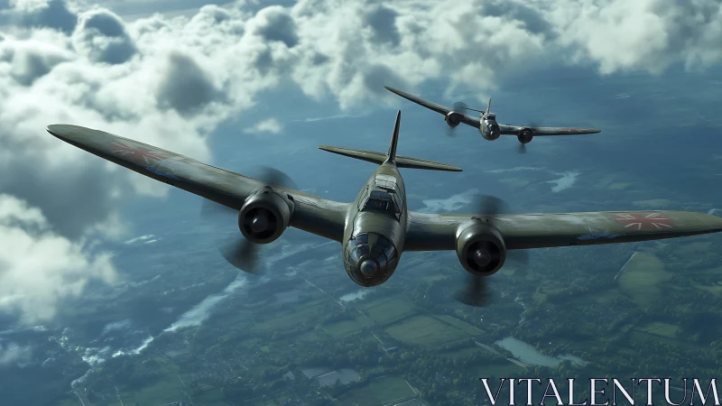 Twin WWII fighters slice through broken clouds in formation.