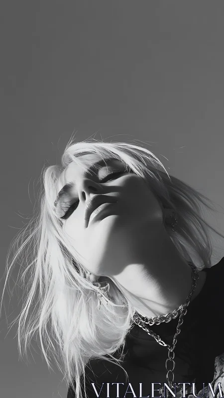 Monochrome low-angle portrait of person with light hair.