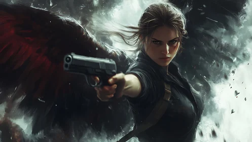 Fierce winged heroine aims forward through stormy shadows.