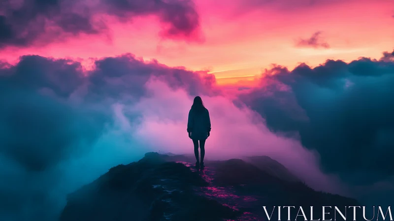 Silhouette stands on misty ridge under neon pink clouds.