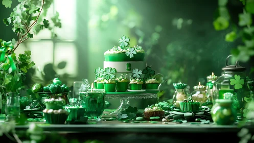 Green dessert table with shamrock motifs under soft light.