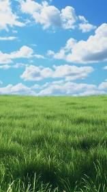 High-fidelity grassy field under cumuliform sky with deep DOF