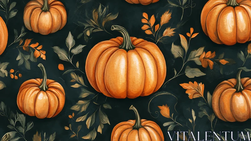 Pumpkin pattern with rich foliage on dark autumn backdrop.