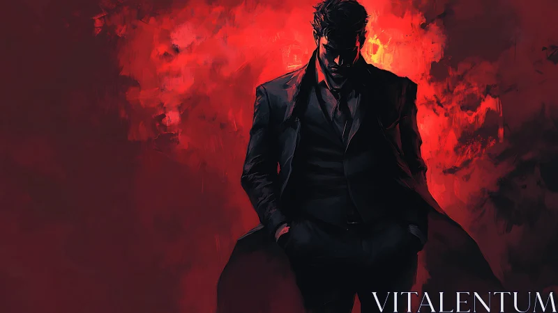 Brooding suited figure against blazing red abstract inferno.