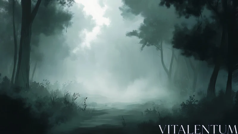 Misty Forest Wetland with Luminous Sky and Silhouetted Trees