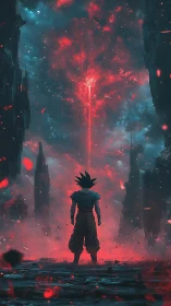 Lone warrior confronts cosmic red rift in shattered cityscape.