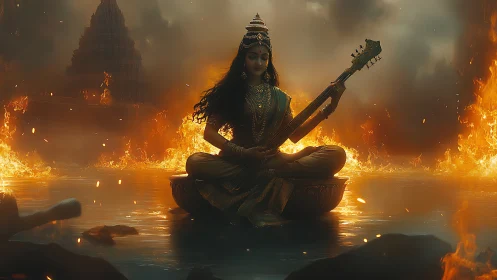 Seated goddess figure with veena amid water and flames.