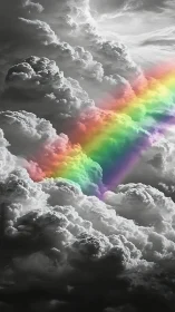 Stormgray heavens sliced by a rebellious neon rainbow.