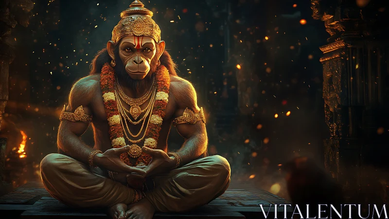 Firelit monkey deity in serene temple meditation at dusk.