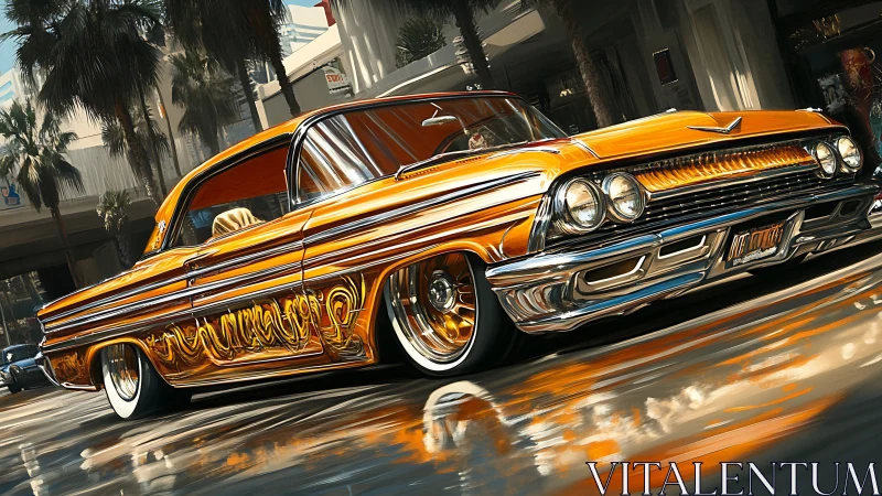 Lowrider coupe with metallic flake hydraulics stance rendered precisely.