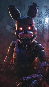 Rusty nightmare bunny glows with eerie red moonlit menace.