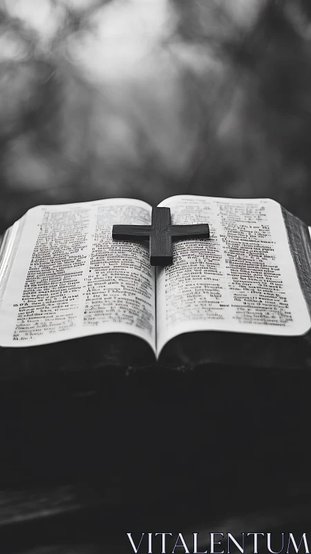 Open Bible and wooden cross rest in quiet monochrome light