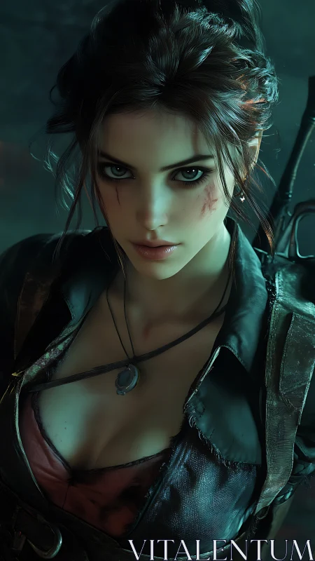 Battle-scarred warrior woman stares ahead with fierce resolve.