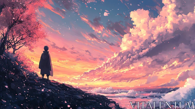 Anime sunset landscape with lone figure and sakura trees.