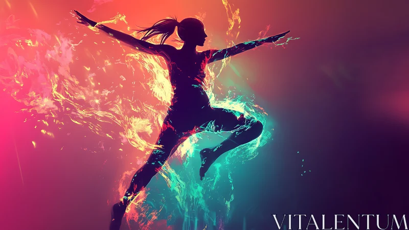Luminous leap of color: dancer bursting through neon light.