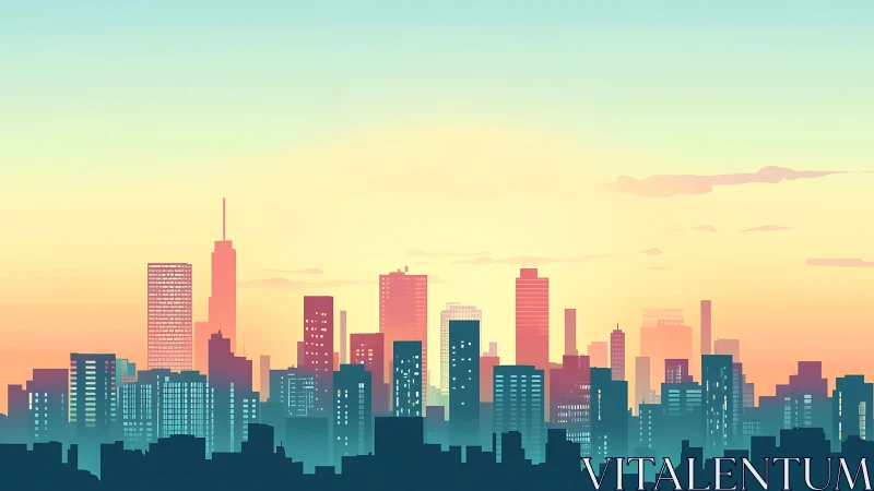 Urban skyline silhouette against gradient dusk sky.