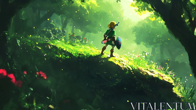 Young adventurer pauses in a glowing, enchanted forest path