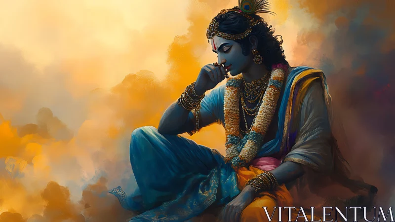 Seated blue-skinned deity in ornate attire amid diffuse light.