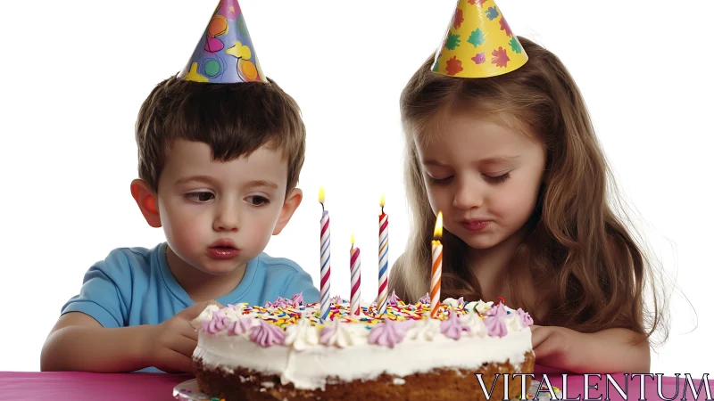 Two children celebrate with colorful party hats and birthday cake