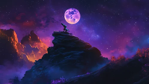 Silhouetted figure on rocky peak under luminous full moon.