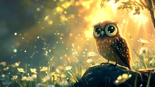 Whimsical cartoon owl in sunlit meadow with dreamy golden light.