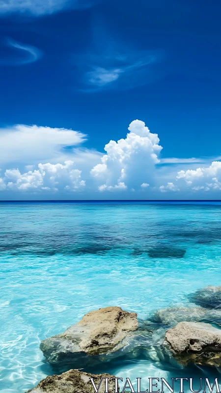 Tropical shoreline with shallow cyan water and cumulus cloud towers