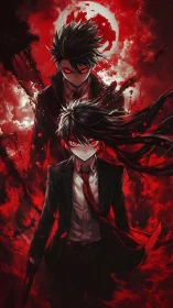 Crimson moonlit anime duo with bloodlike energy eruptions